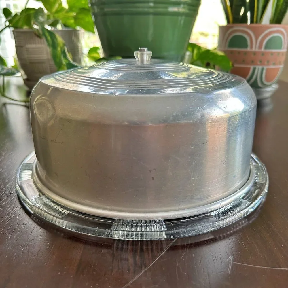 Vintage Glass Cake Plate w/ Aluminum Cover 40's 50's Era Collectible Cottagecore